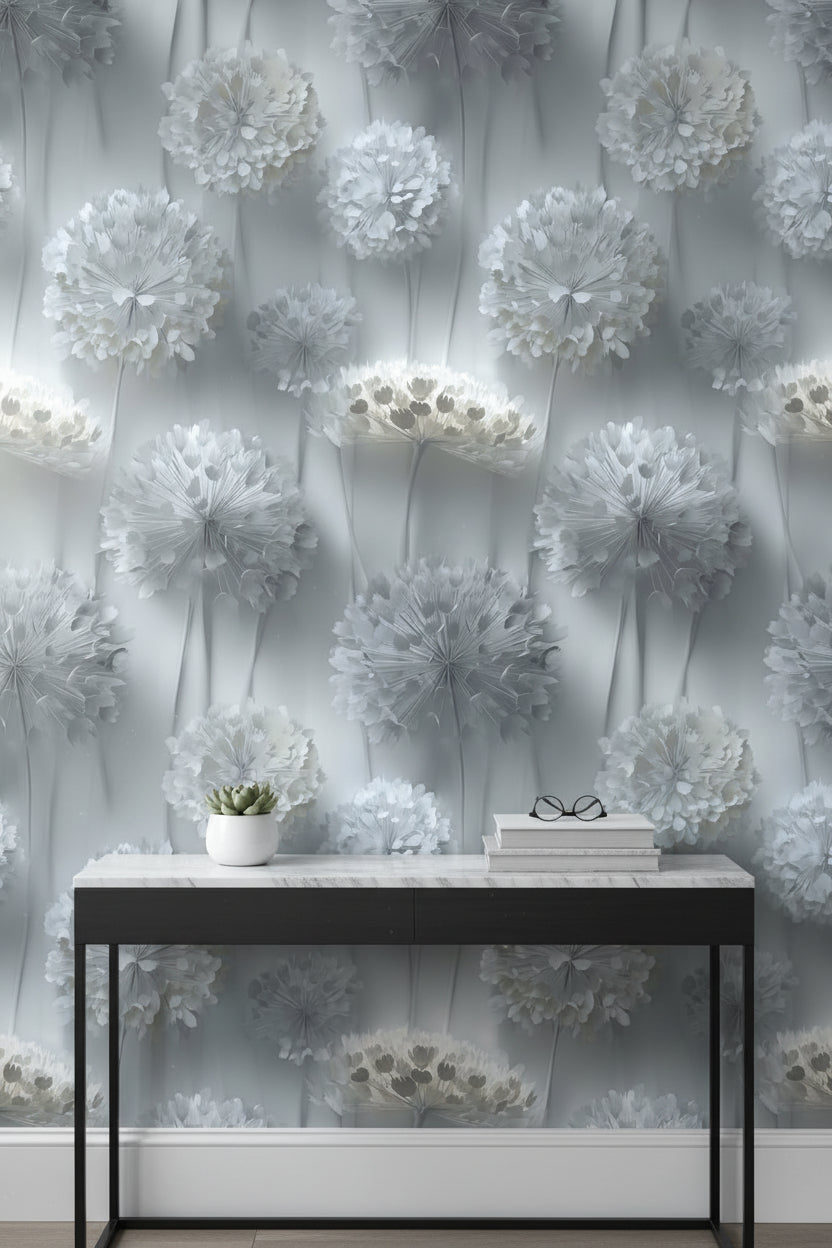 Soft Gray 3D Floral Bouquet Wallpaper