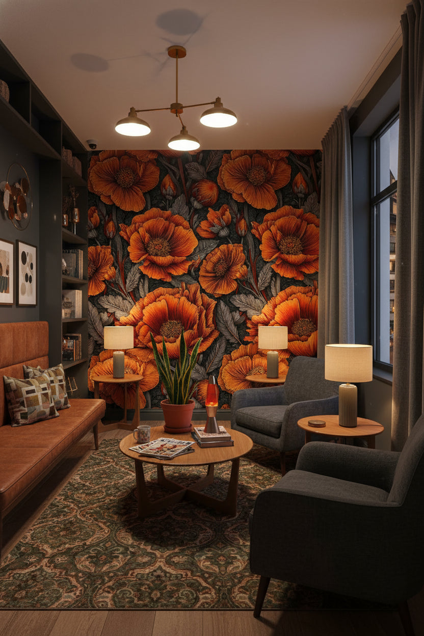 Vibrant Orange Poppy Floral Dark Wallpaper