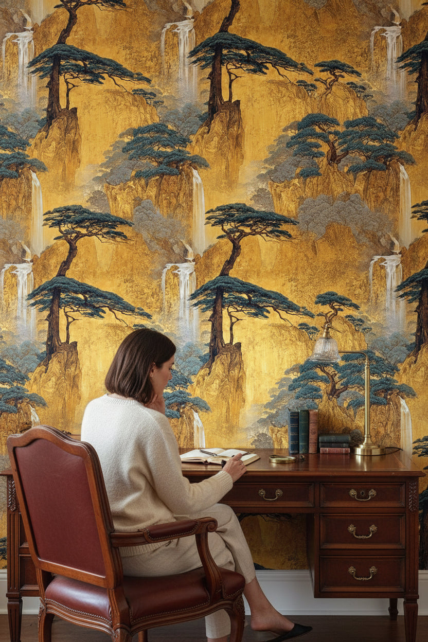Golden Look Chinoiserie Waterfall Landscape Wallpaper