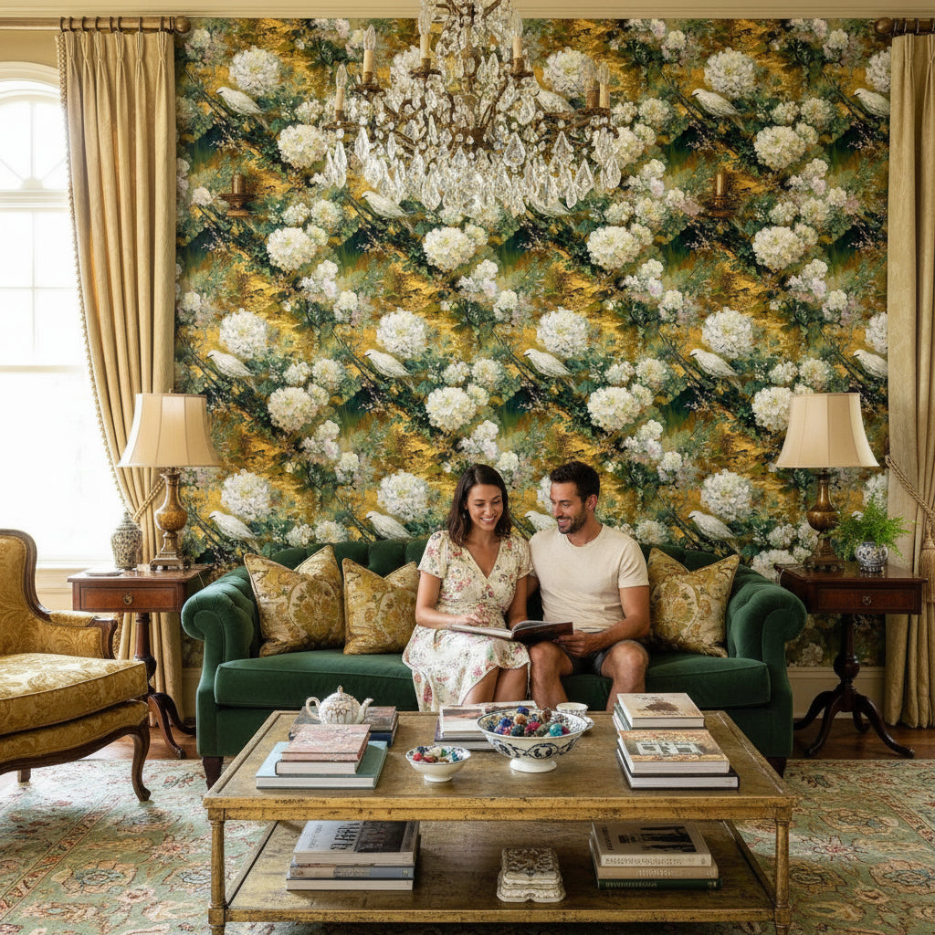 Gold Look Antique Floral with Birds Wallpaper