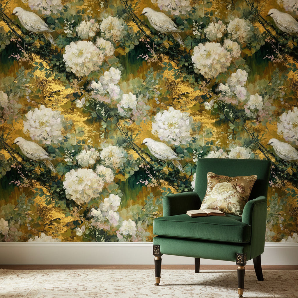 Gold Look Antique Floral with Birds Wallpaper