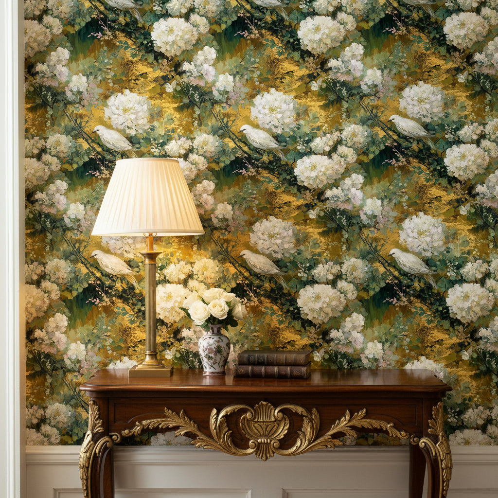 Gold Look Antique Floral with Birds Wallpaper