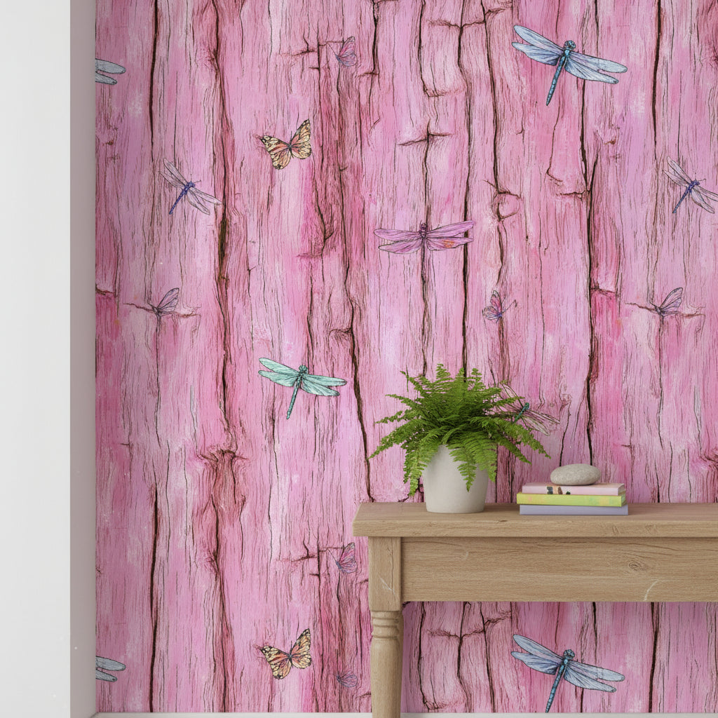 Rustic Pink Wood Texture with Dragonflies Wallpaper