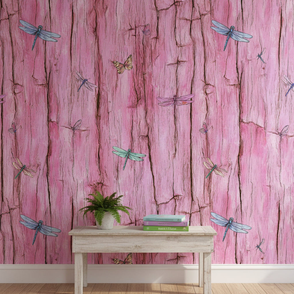 Rustic Pink Wood Texture with Dragonflies Wallpaper