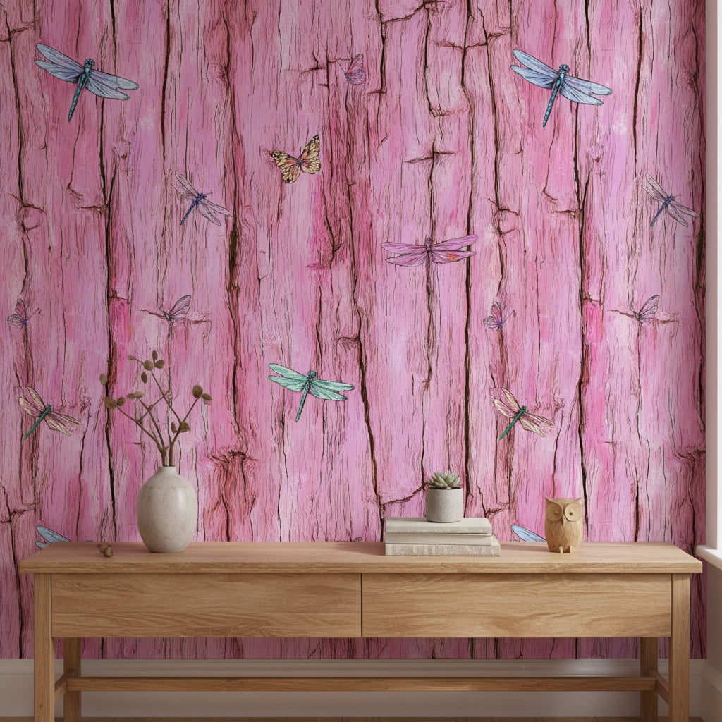 Rustic Pink Wood Texture with Dragonflies Wallpaper