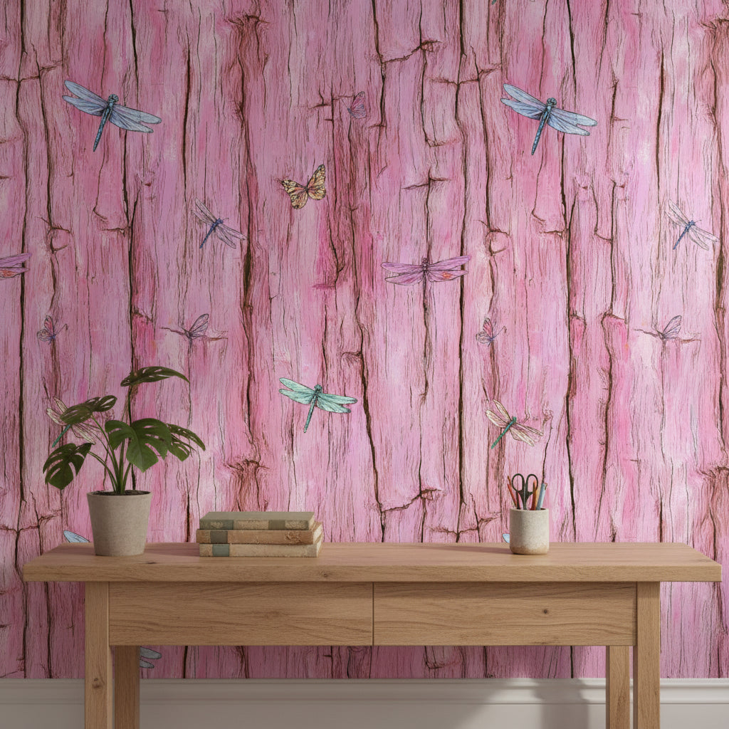 Rustic Pink Wood Texture with Dragonflies Wallpaper
