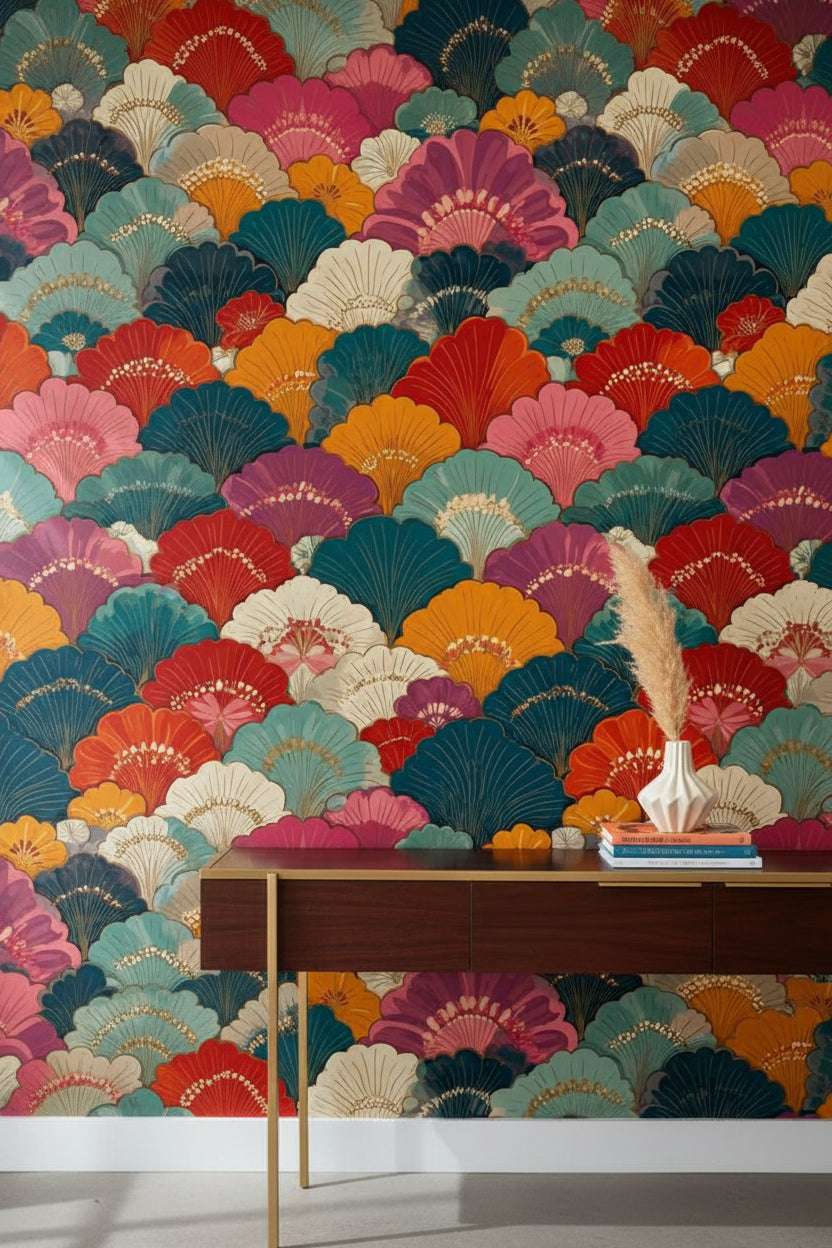 Multicolor Art Deco Fan Pattern Wallpaper