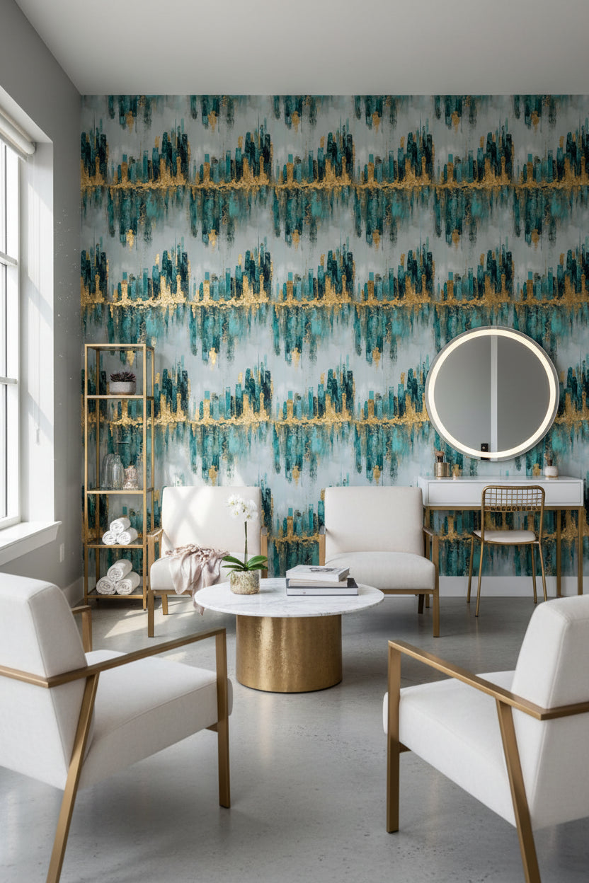Gray and Teal Abstract Gold Look Accent Wallpaper