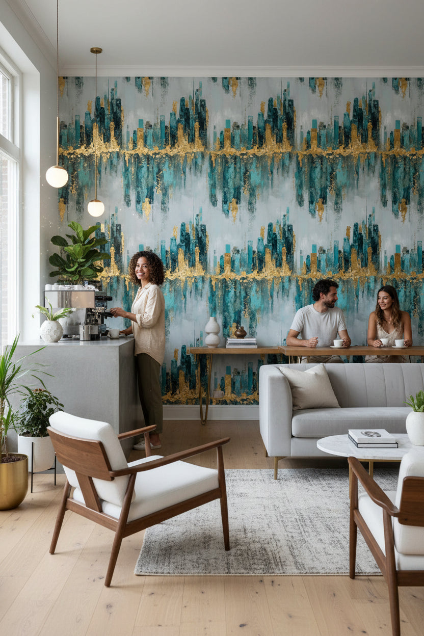 Gray and Teal Abstract Gold Look Accent Wallpaper