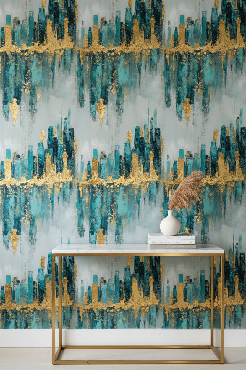 Gray and Teal Abstract Gold Look Accent Wallpaper