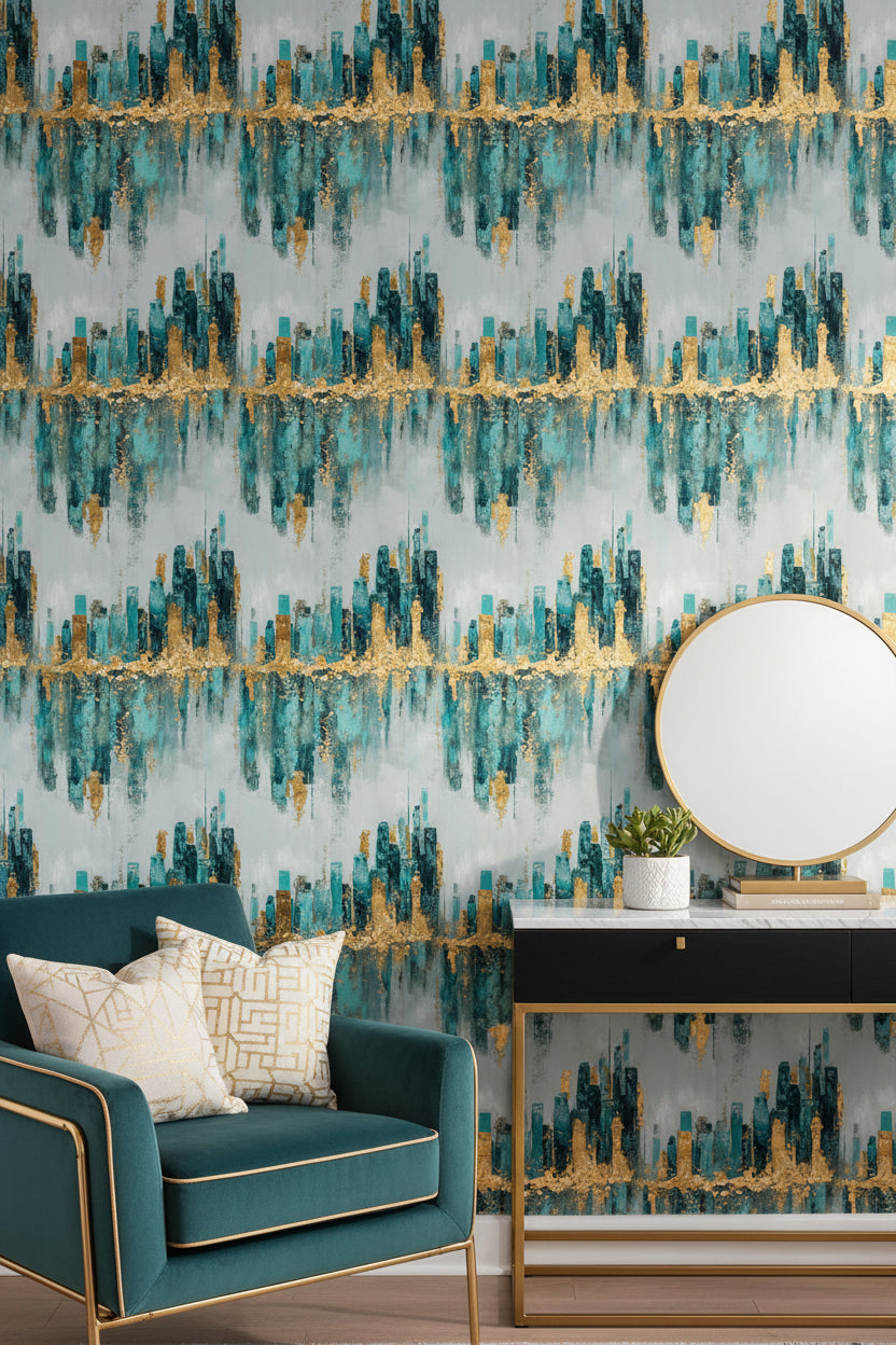 Gray and Teal Abstract Gold Look Accent Wallpaper