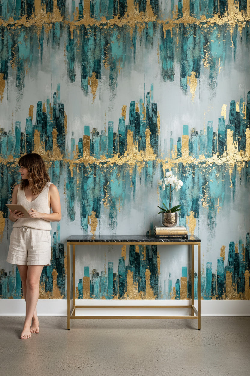 Gray and Teal Abstract Gold Look Accent Wallpaper