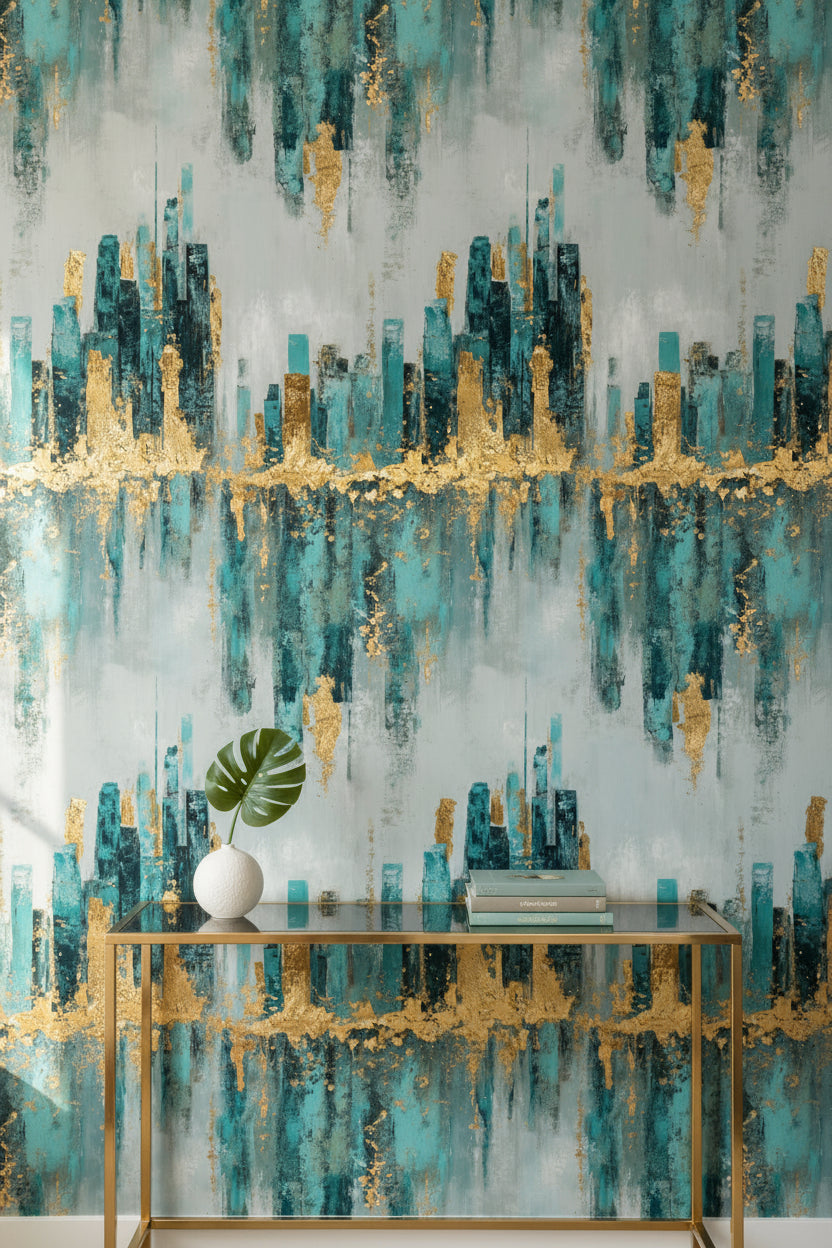 Gray and Teal Abstract Gold Look Accent Wallpaper