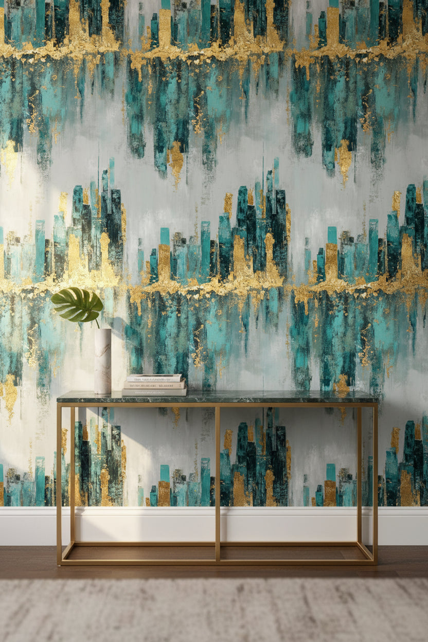 Gray and Teal Abstract Gold Look Accent Wallpaper