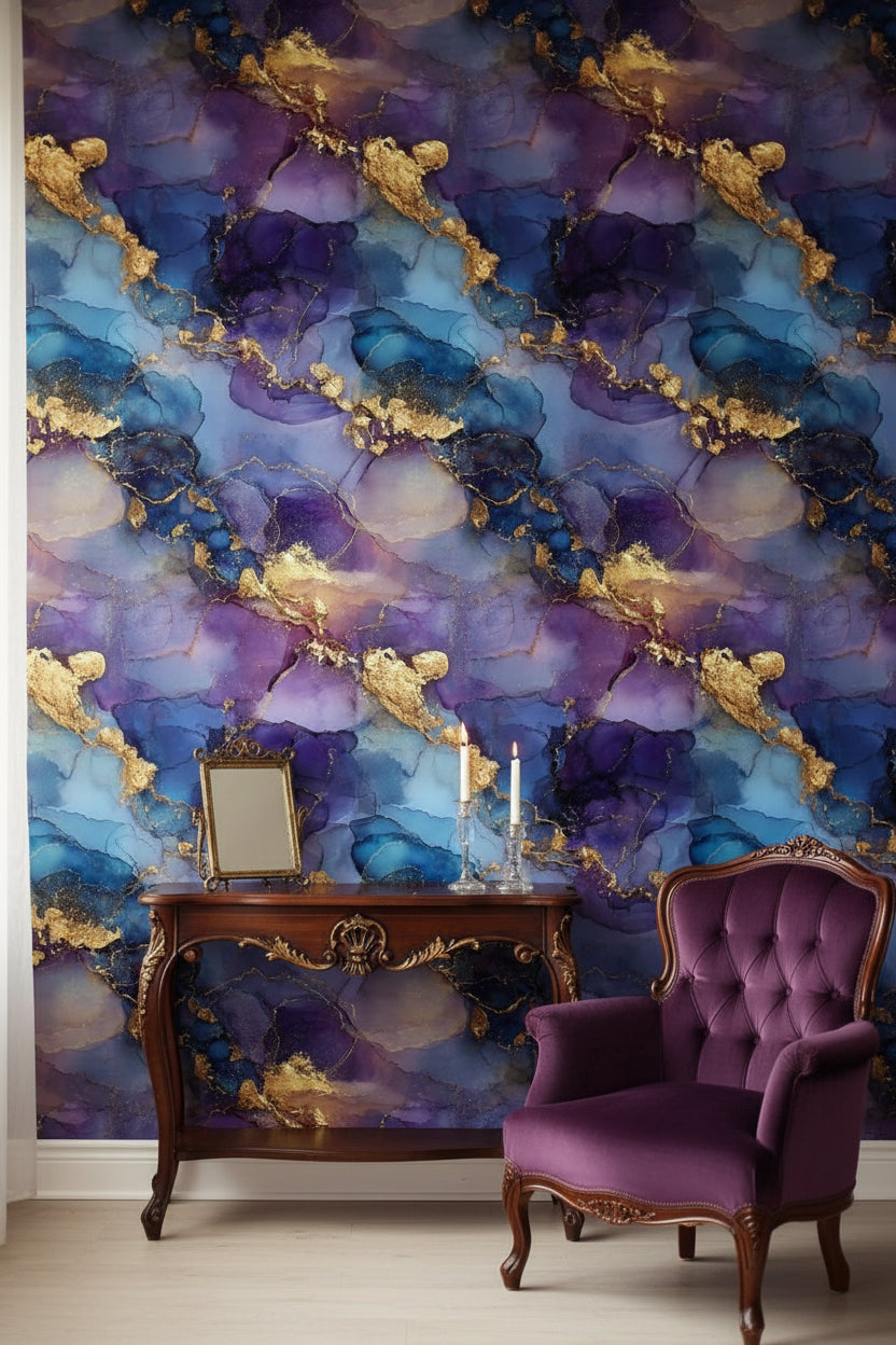 Midnight Blue and Golden Look Abstract Marble Wallpaper