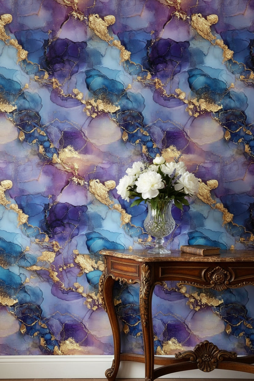 Midnight Blue and Golden Look Abstract Marble Wallpaper