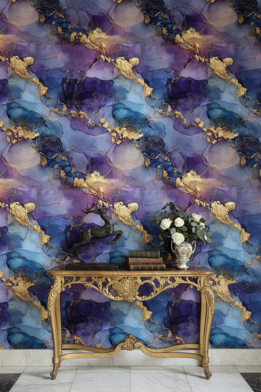 Midnight Blue and Golden Look Abstract Marble Wallpaper