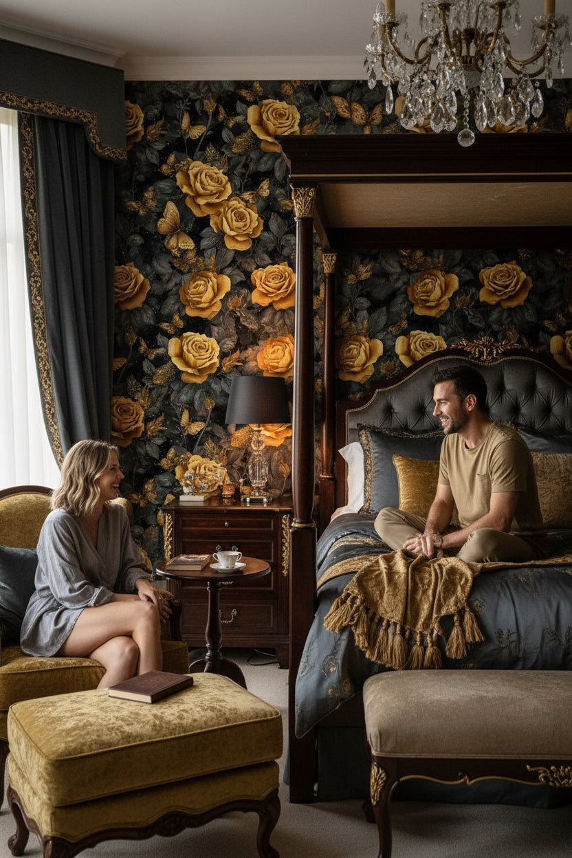 Dark Gold Look Rose and Butterfly Elegance Wallpaper