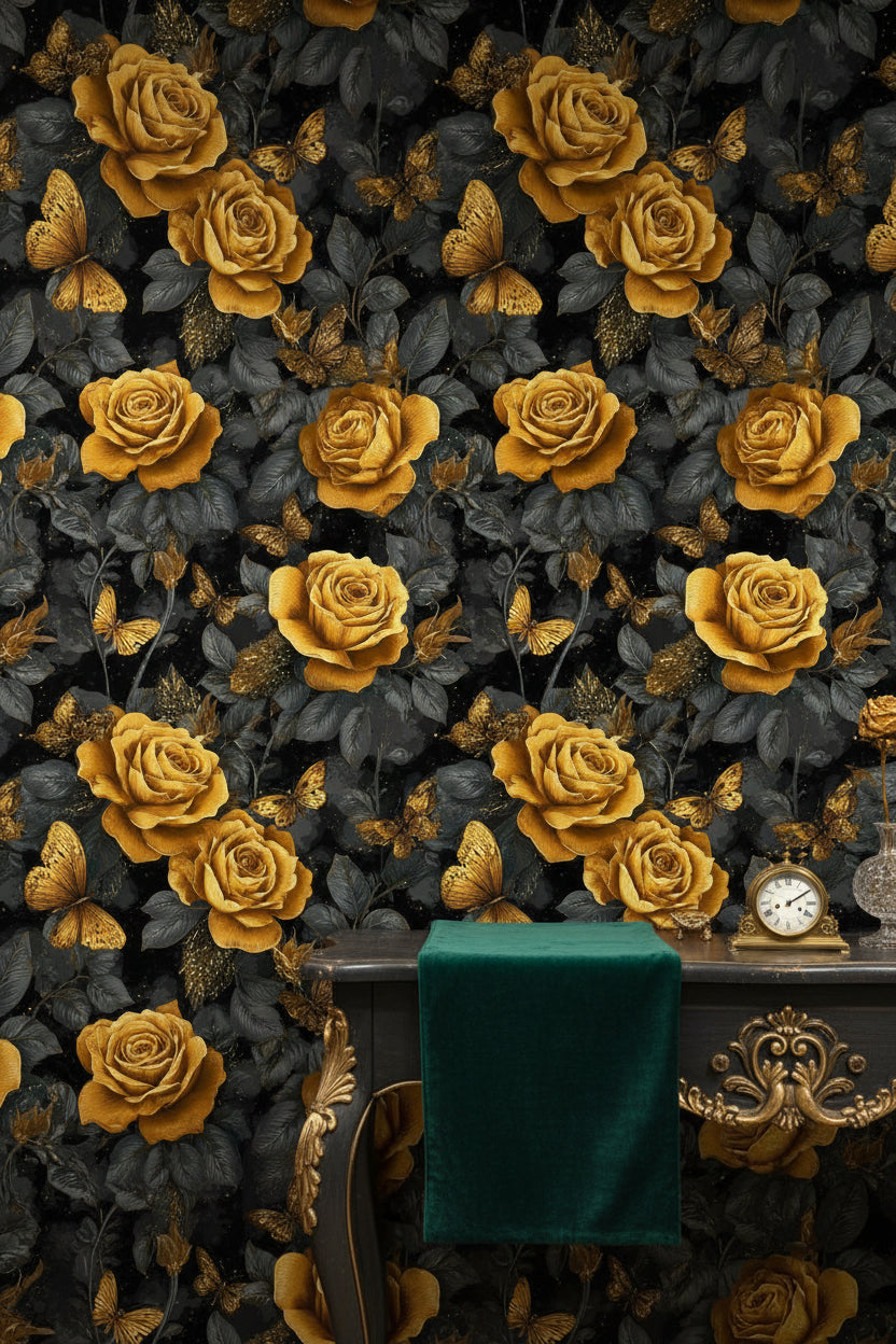Dark Gold Look Rose and Butterfly Elegance Wallpaper