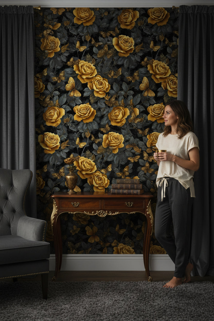 Dark Gold Look Rose and Butterfly Elegance Wallpaper