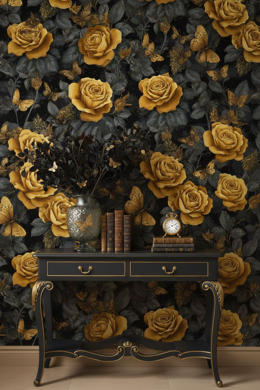 Dark Gold Look Rose and Butterfly Elegance Wallpaper