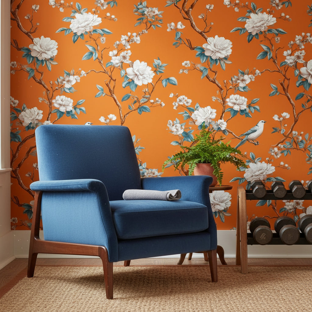 Vibrant Orange Cherry Blossom and Bird Wallpaper