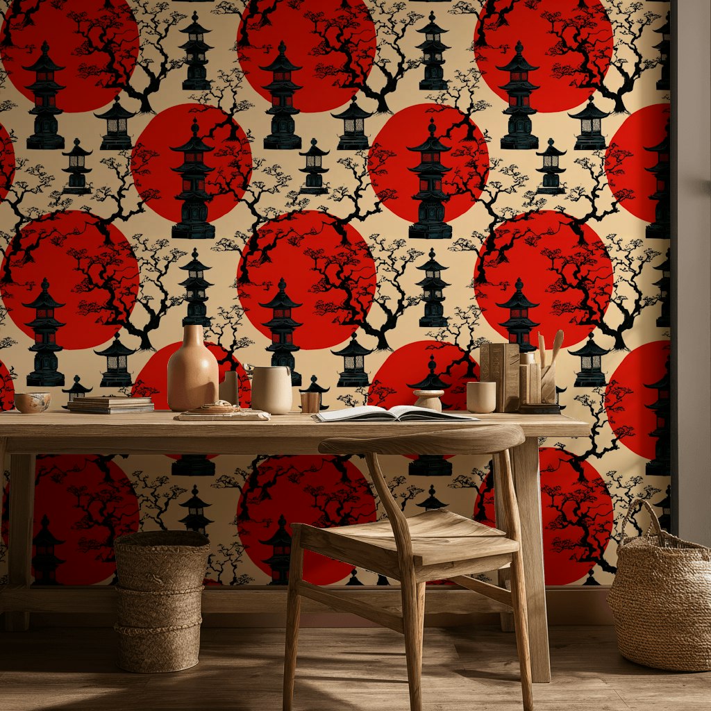 Beige and Red Japanese Pagoda Wallpaper