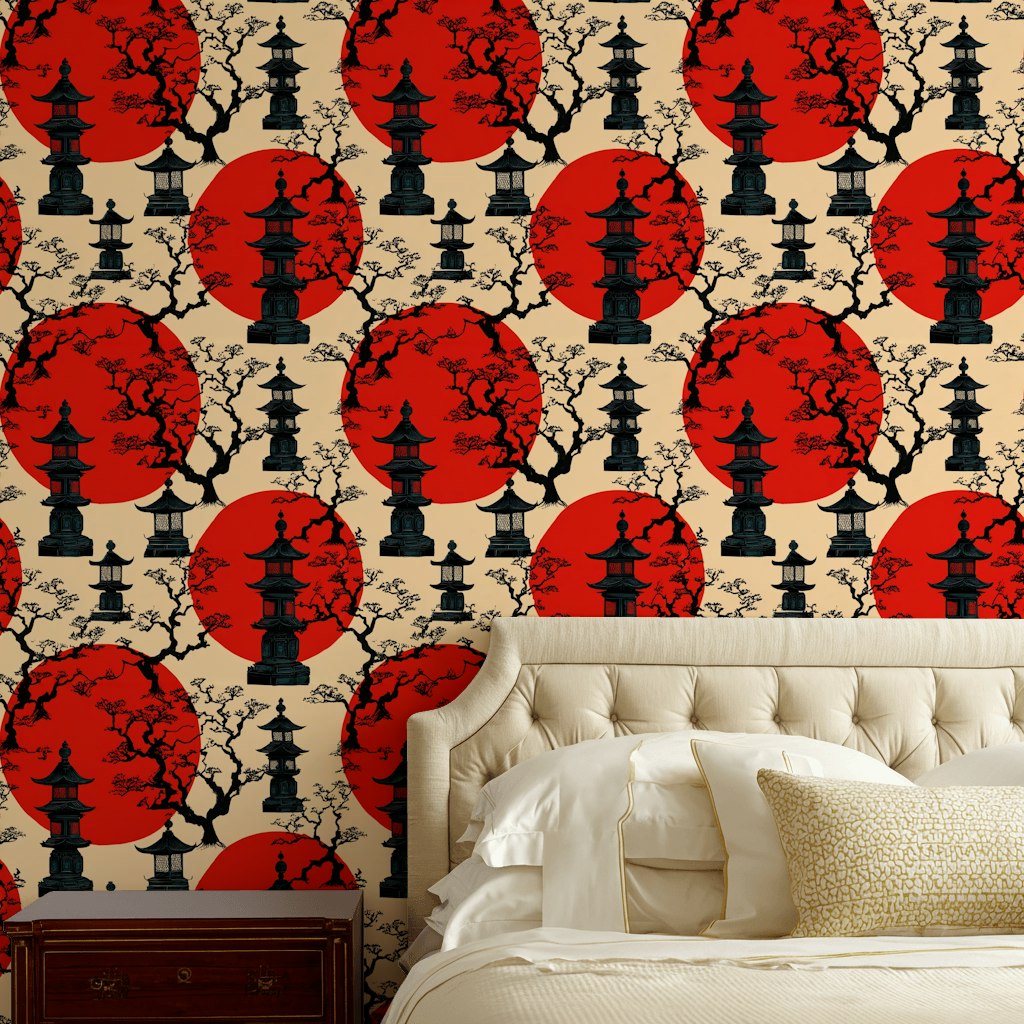 Beige and Red Japanese Pagoda Wallpaper