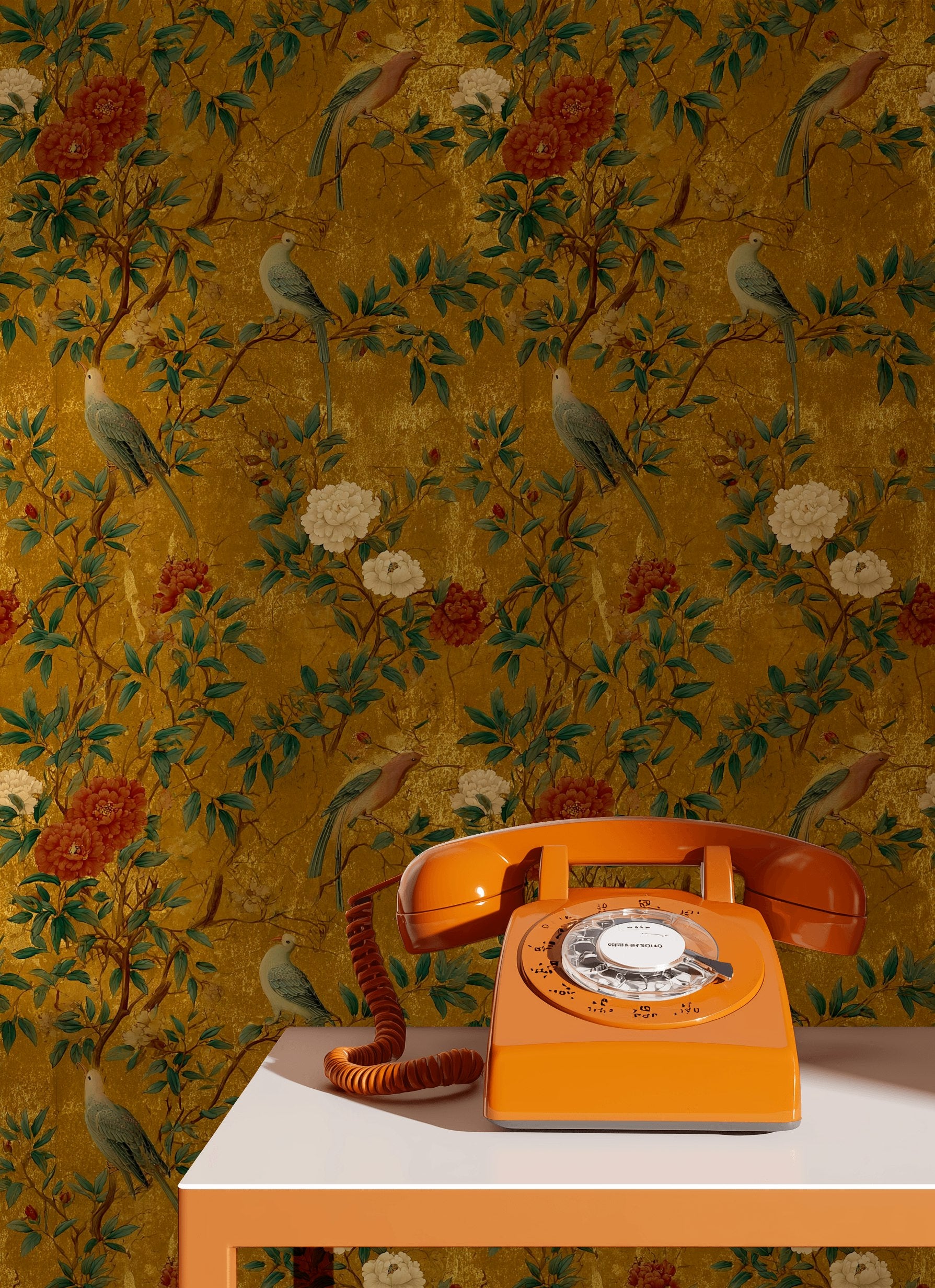 Rich Gold Look Chinoiserie Peony and Bird Wallpaper