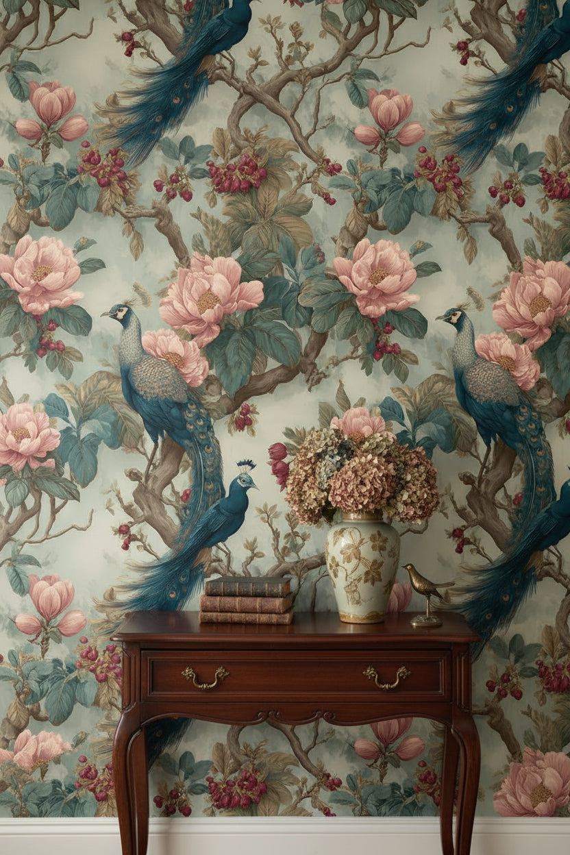 Vintage Green and Pink Peacock Floral Wallpaper