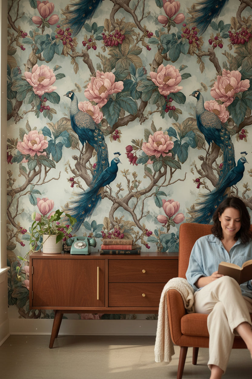 Vintage Green and Pink Peacock Floral Wallpaper
