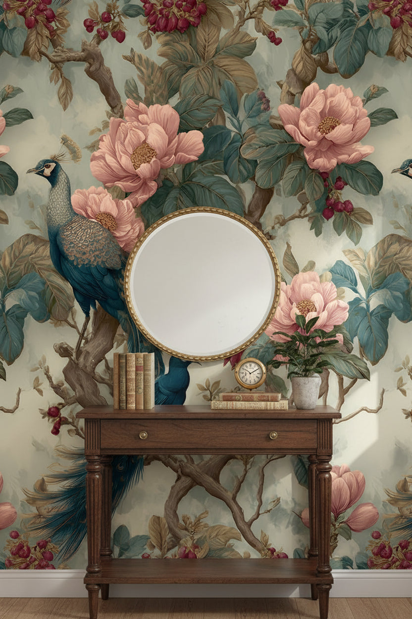 Vintage Green and Pink Peacock Floral Wallpaper
