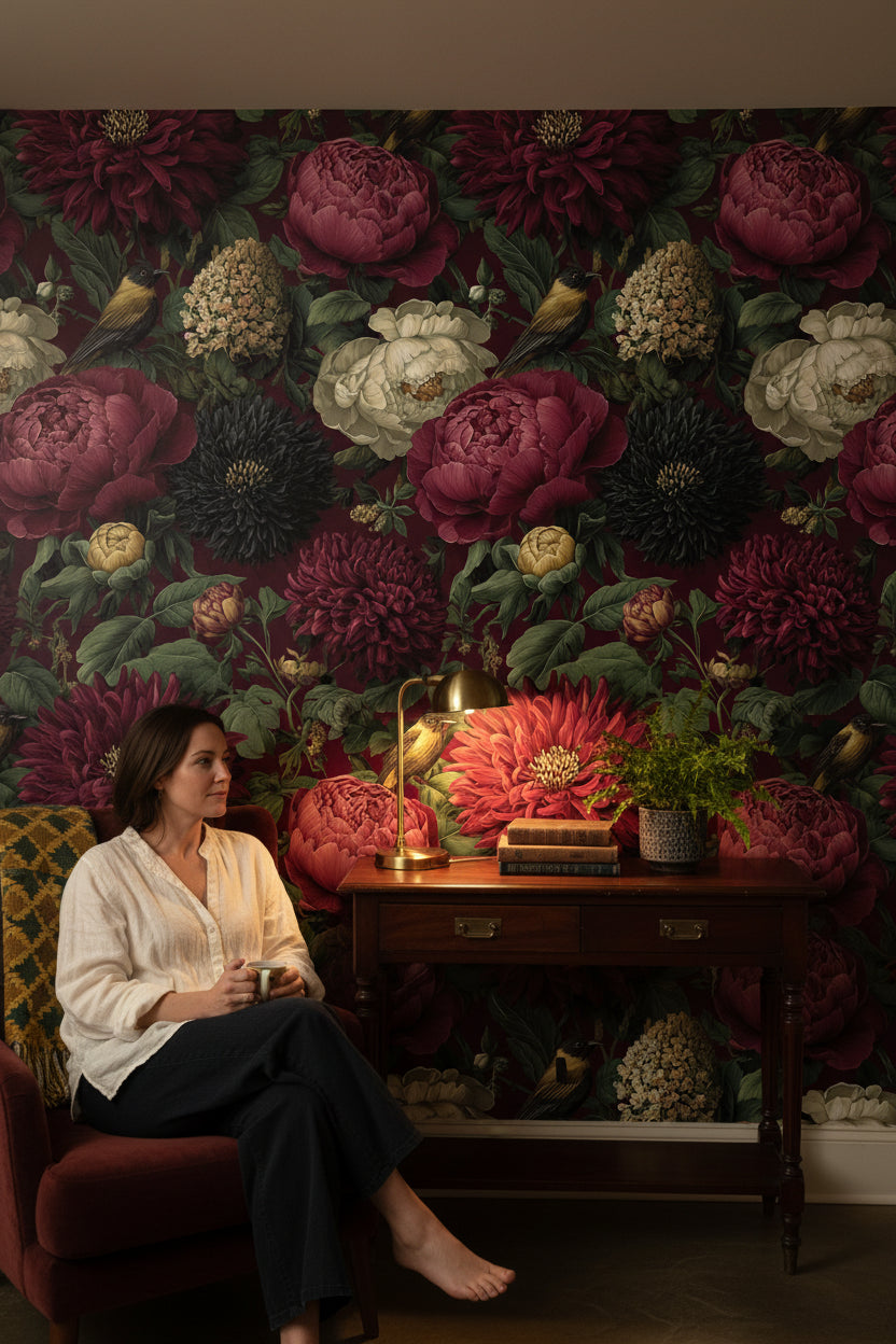 Burgundy Peonies and Birds Vintage Floral Wallpaper