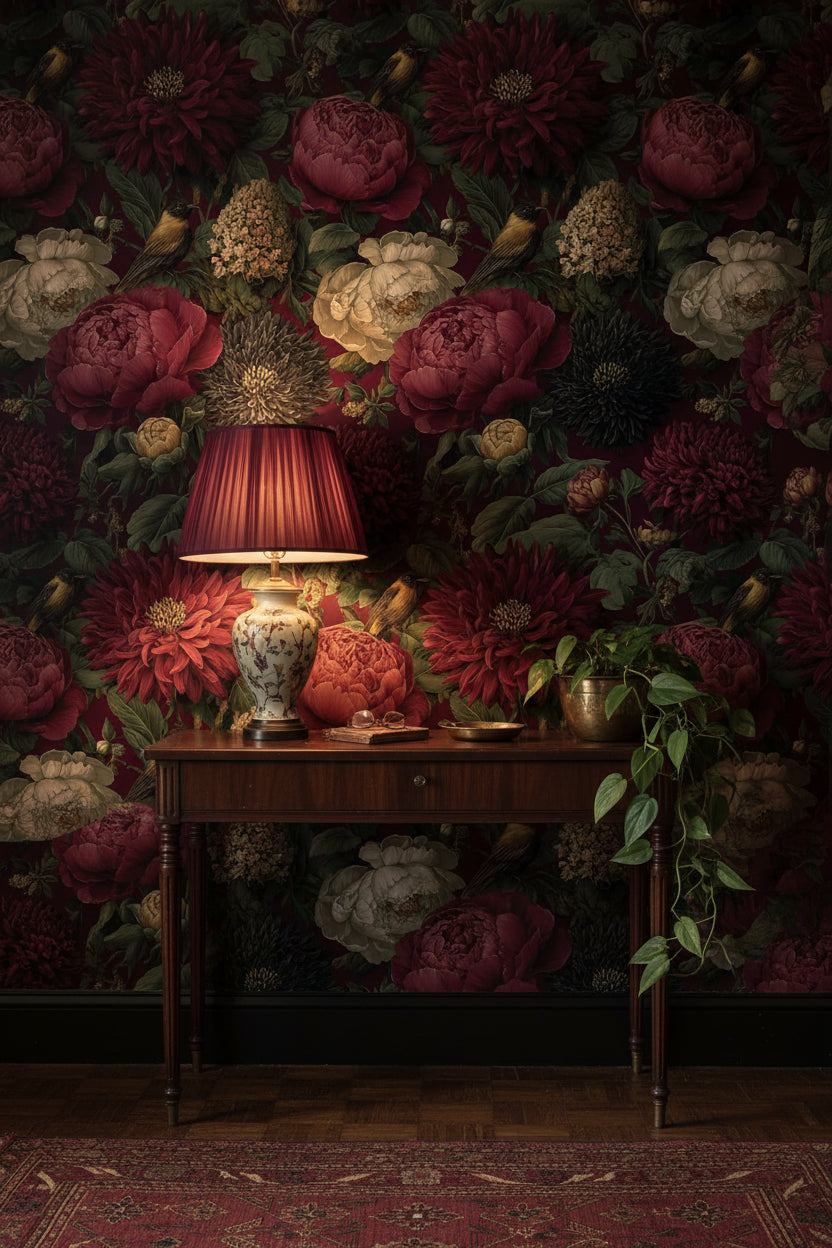 Burgundy Peonies and Birds Vintage Floral Wallpaper