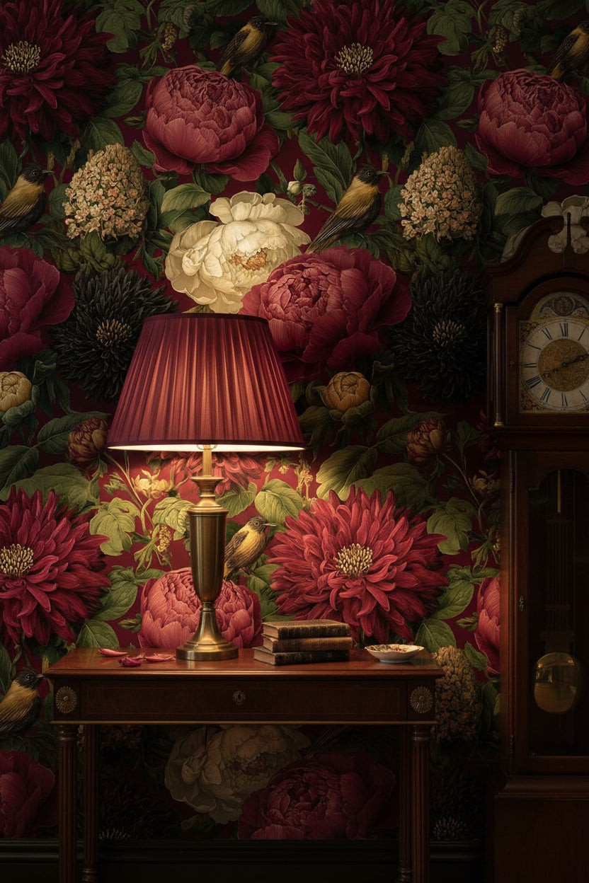 Burgundy Peonies and Birds Vintage Floral Wallpaper