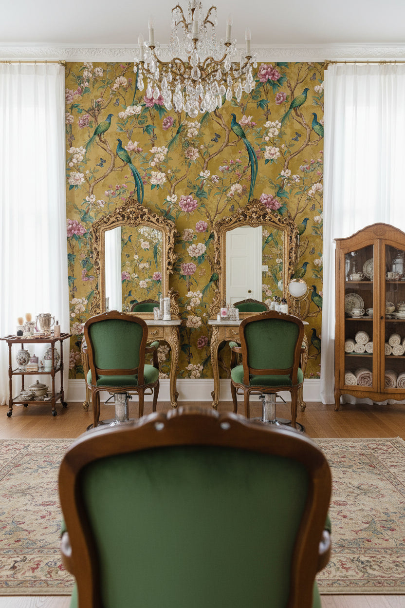 Golden Look Vintage Bird and Magnolia Wallpaper