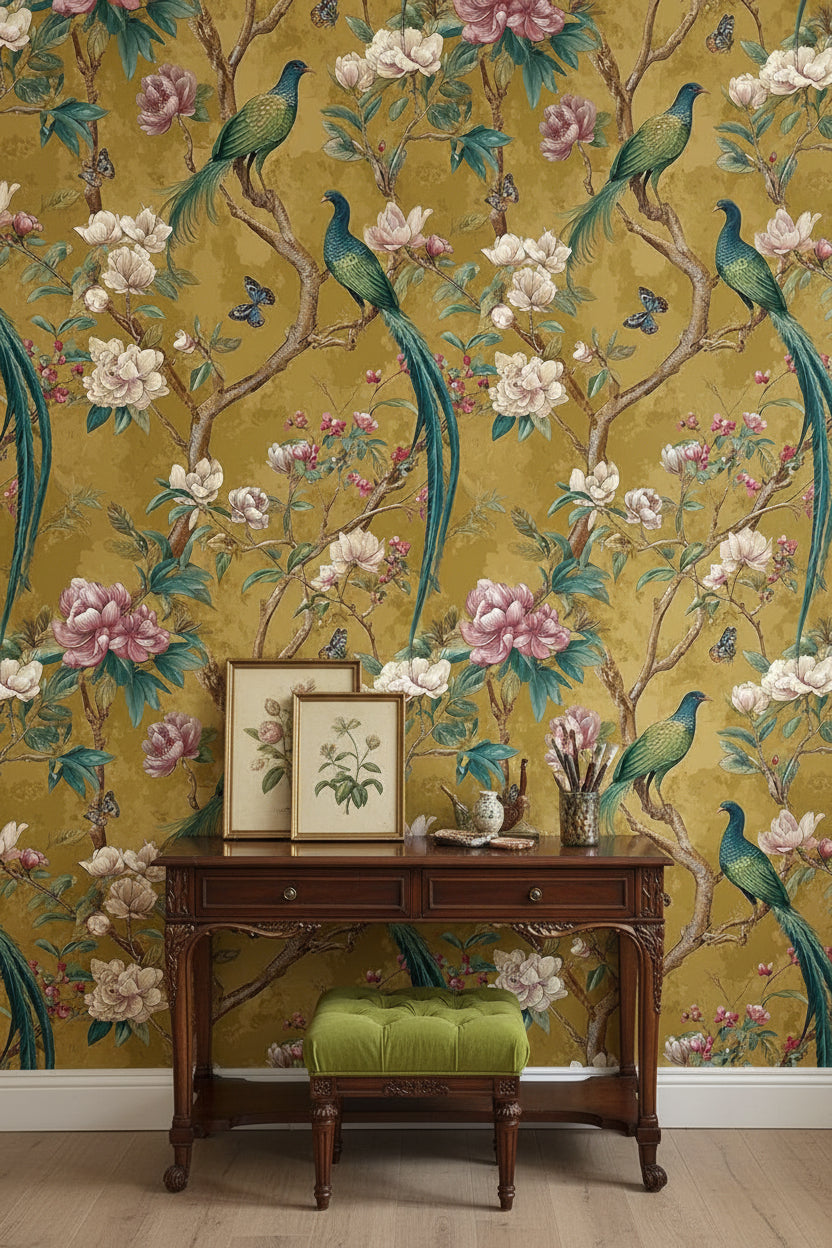 Golden Look Vintage Bird and Magnolia Wallpaper