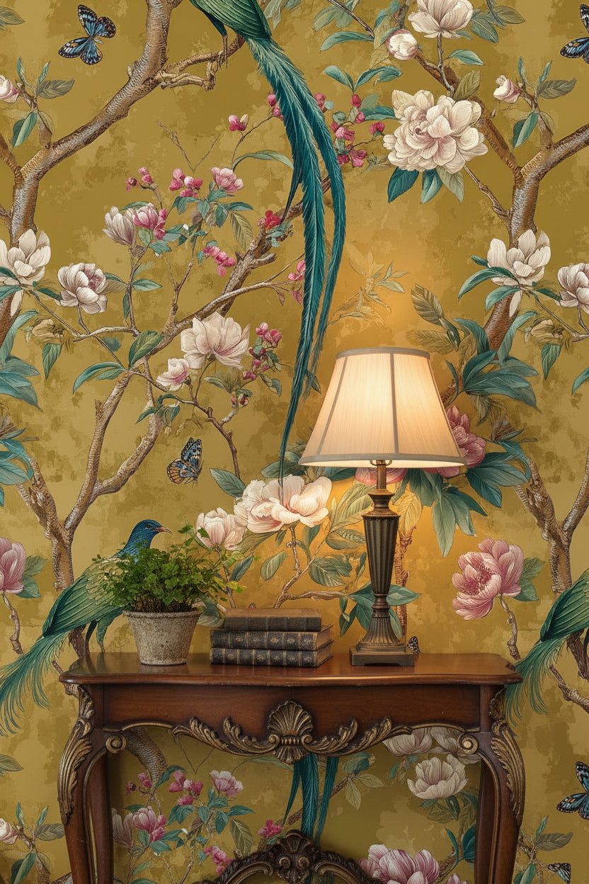 Golden Look Vintage Bird and Magnolia Wallpaper