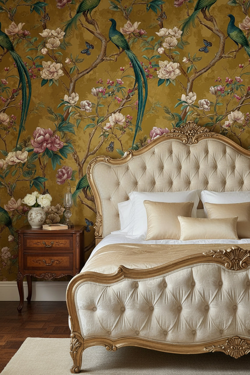 Golden Look Vintage Bird and Magnolia Wallpaper