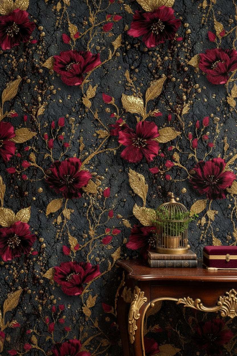 Elegant Burgundy and Gold Look Floral Wallpaper