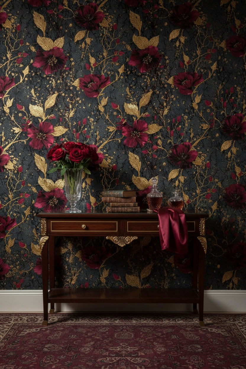 Elegant Burgundy and Gold Look Floral Wallpaper
