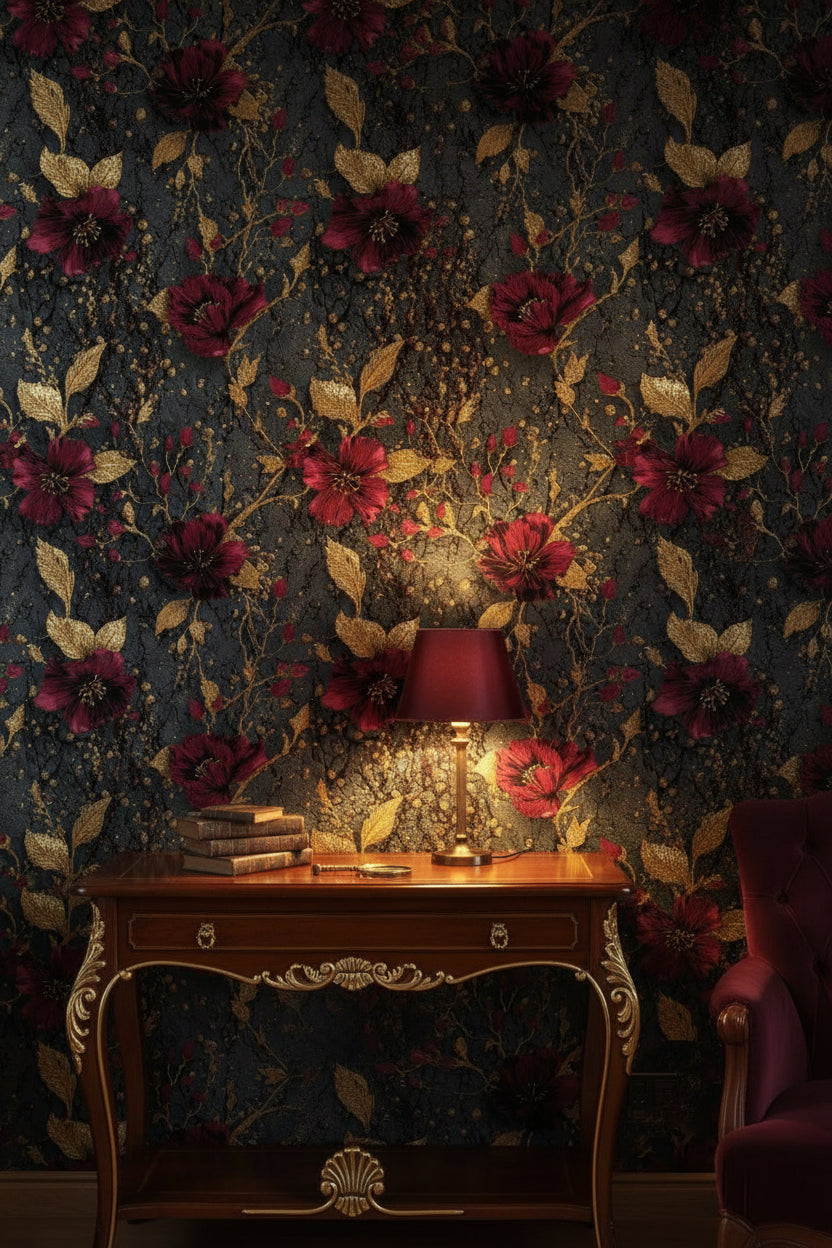 Elegant Burgundy and Gold Look Floral Wallpaper