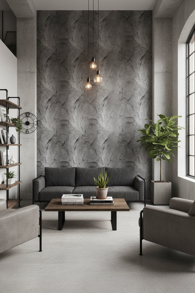 Charcoal Gray Textured Concrete Effect Wallpaper