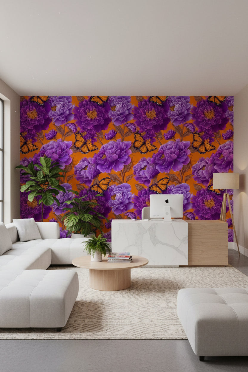 Vibrant Orange and Purple Peony Butterfly Wallpaper