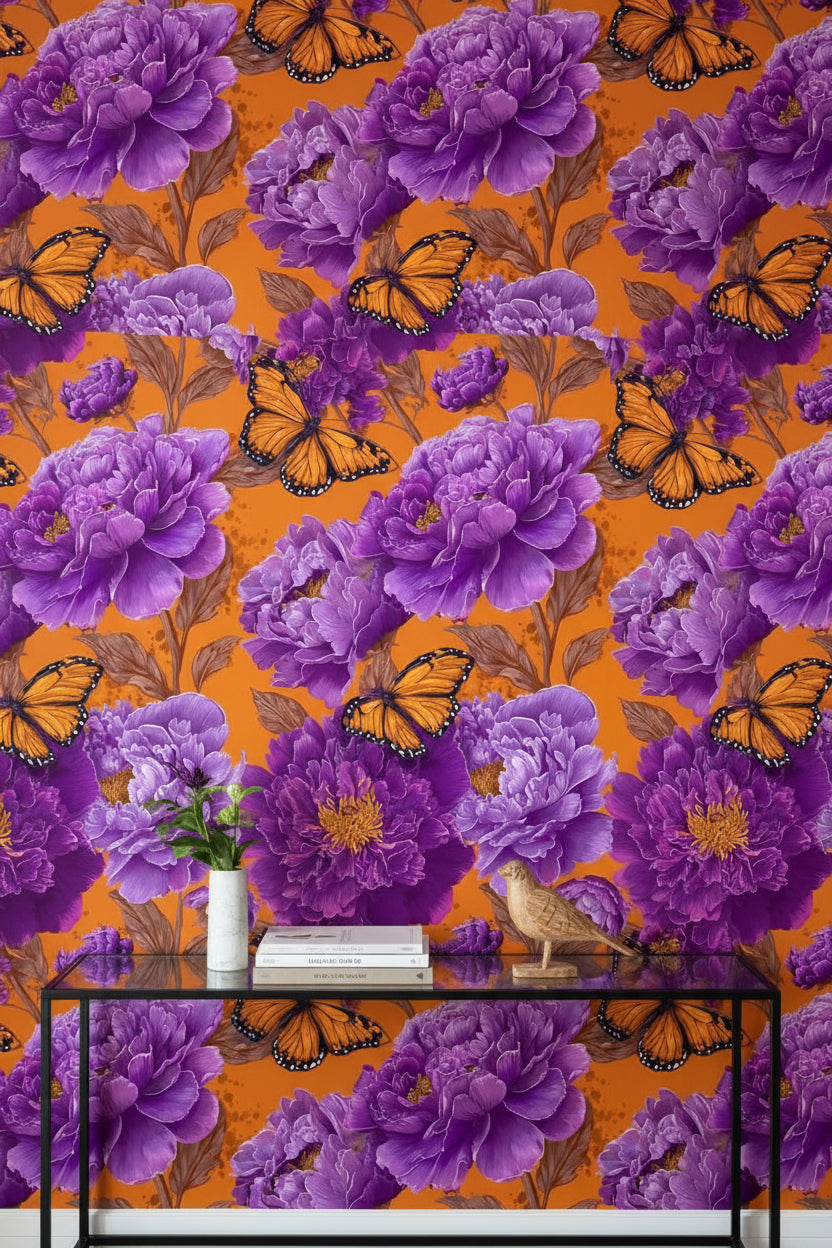 Vibrant Orange and Purple Peony Butterfly Wallpaper