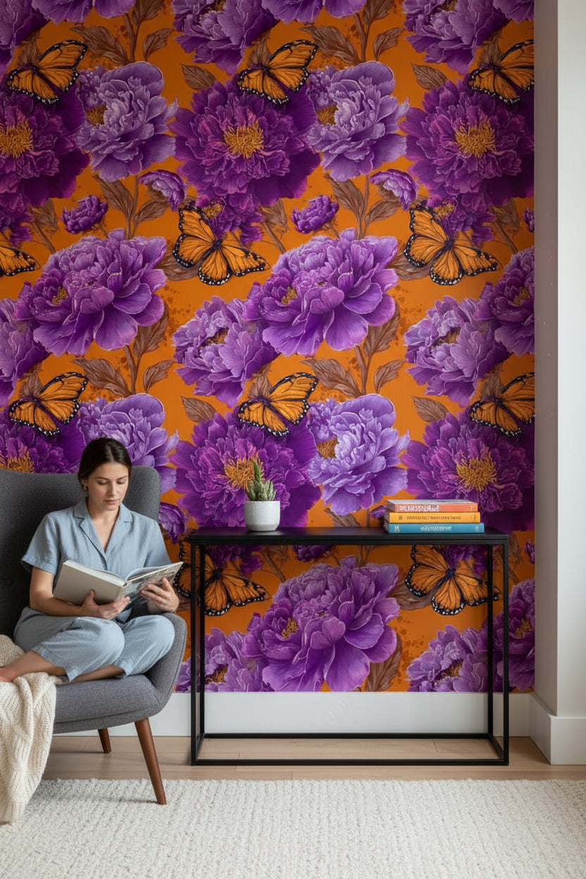 Vibrant Orange and Purple Peony Butterfly Wallpaper