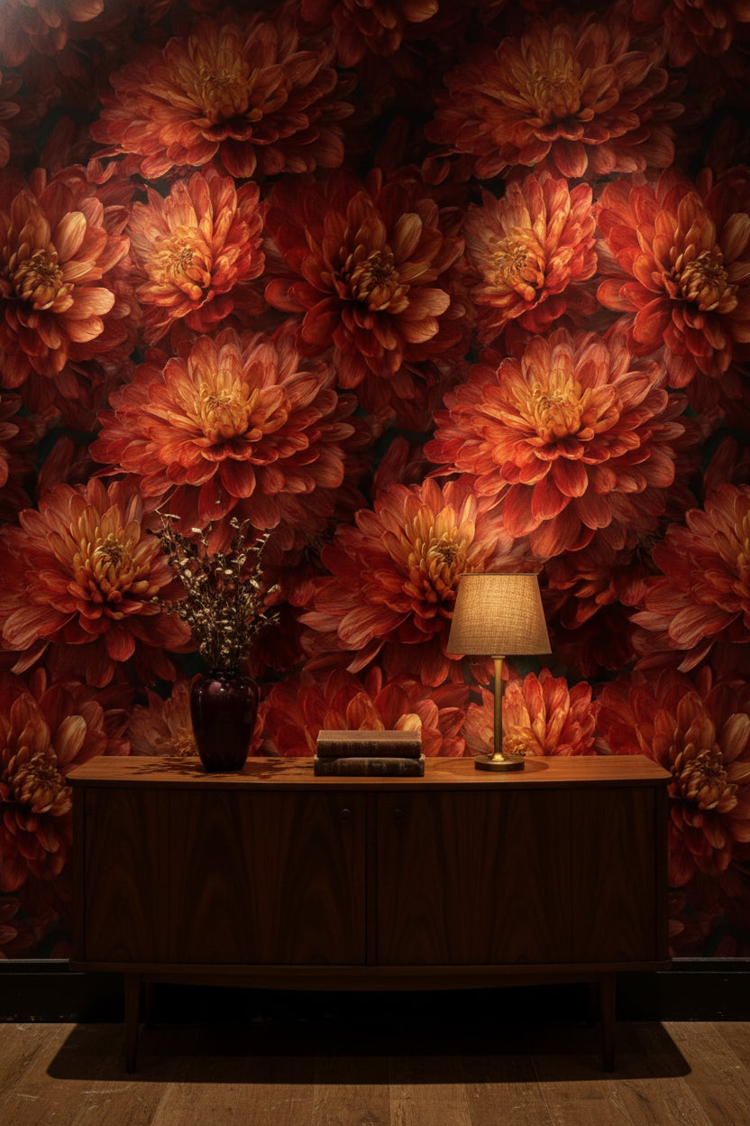 Fiery Orange Chrysanthemum Floral Wallpaper