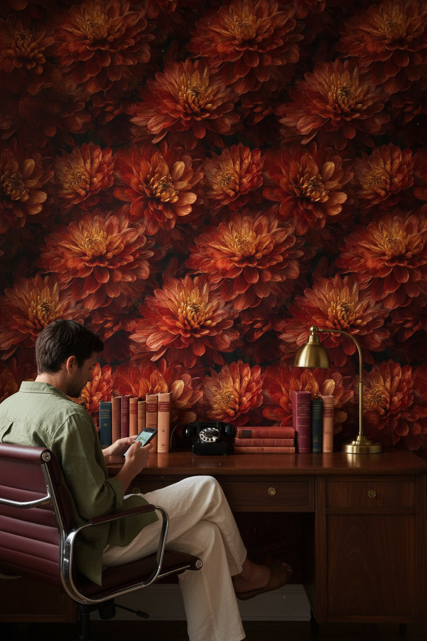 Fiery Orange Chrysanthemum Floral Wallpaper