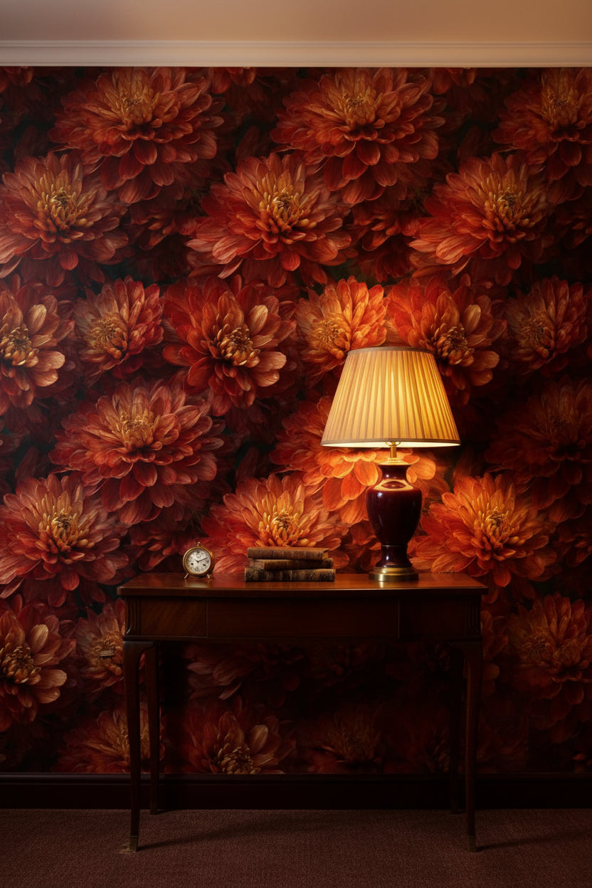 Fiery Orange Chrysanthemum Floral Wallpaper