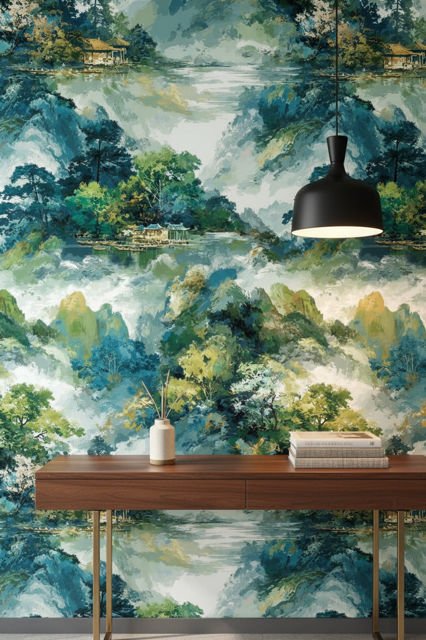 Teal and Green Watercolor Landscape Wallpaper